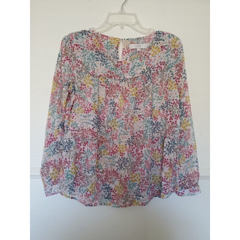 Ann Taylor Loft Womens Semi Sheer Top SP Floral Gold Rust Green Long Sleeves
